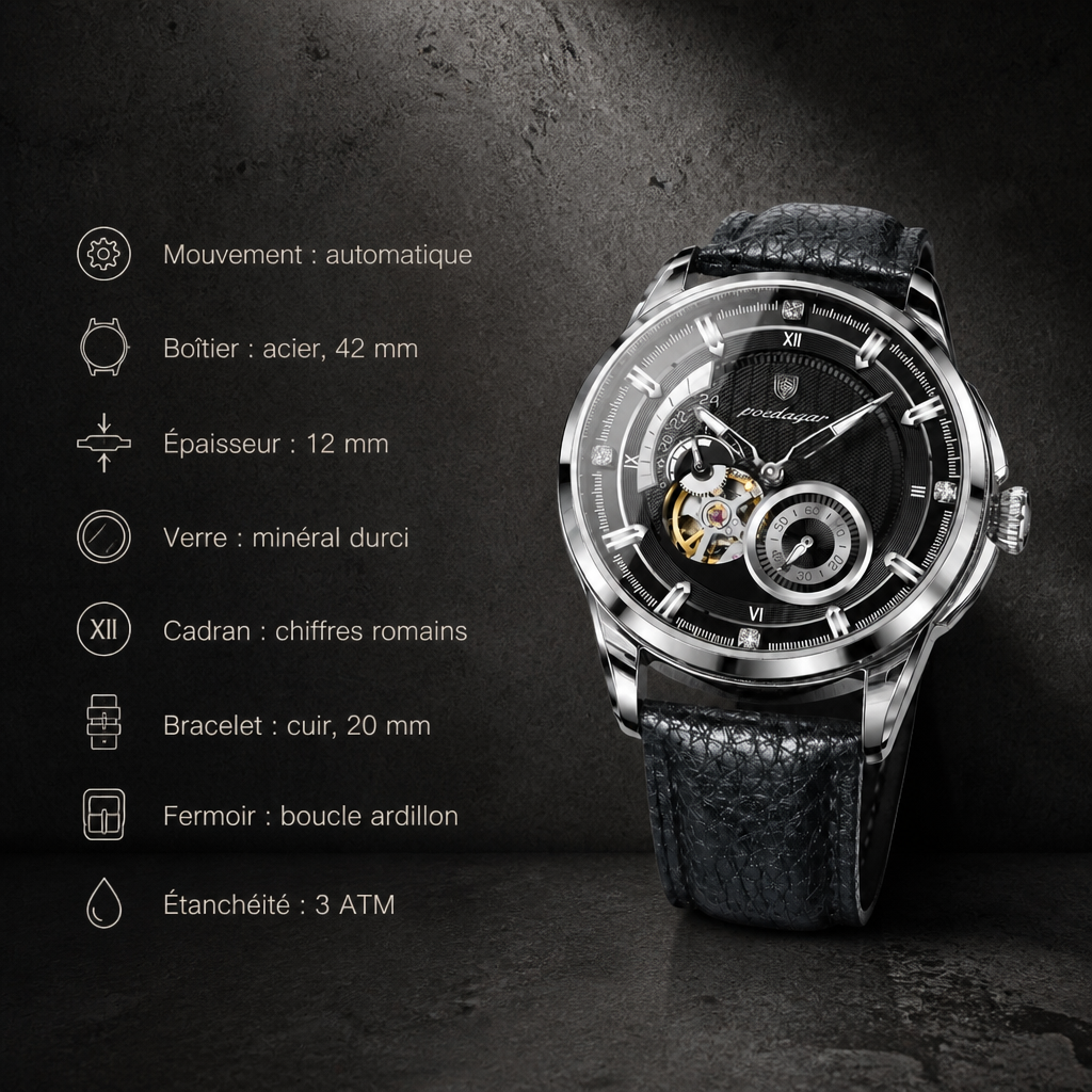 Caractéristiques de la montre homme à chiffres romains automatique