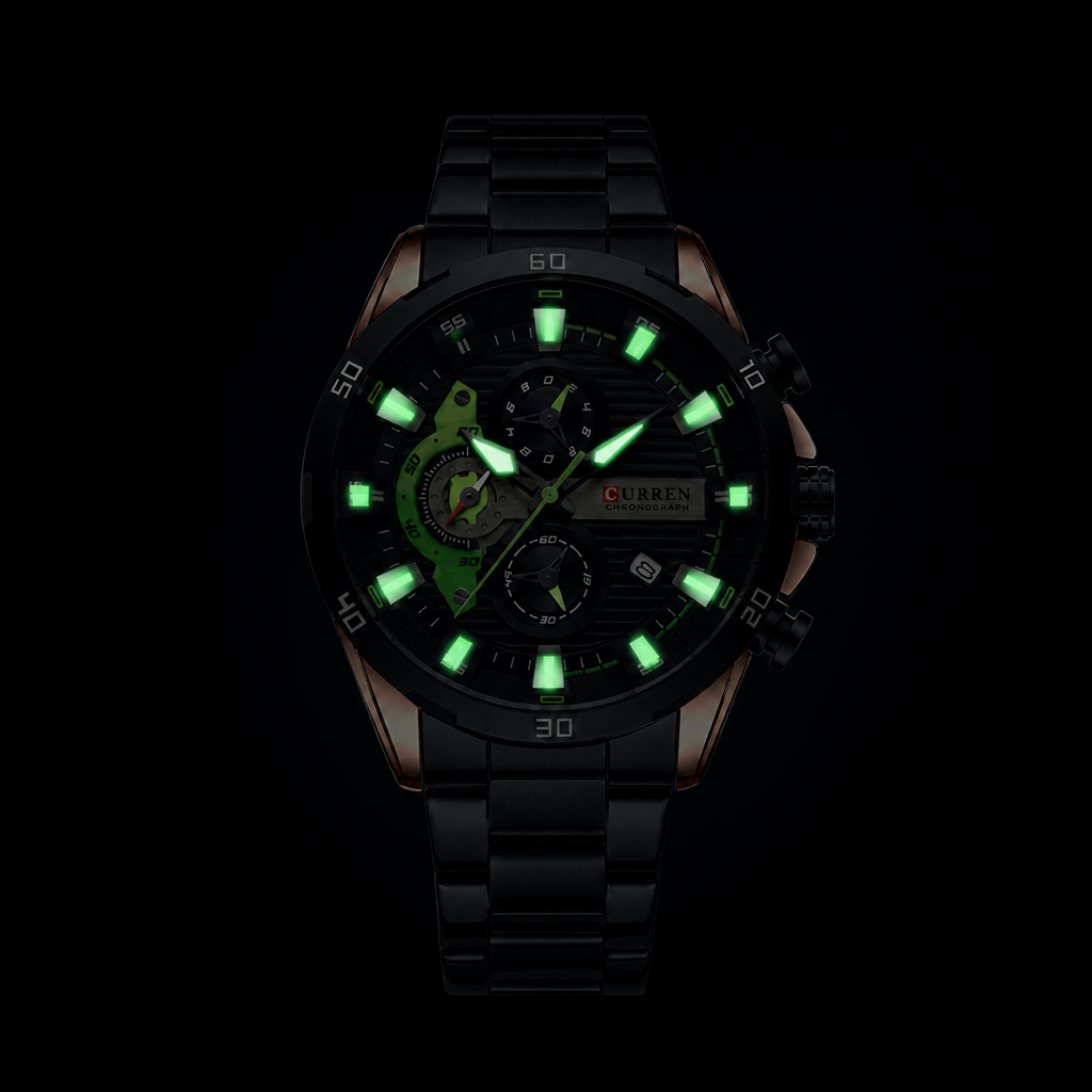 Montre homme chronographe dans le noir : index et aiguilles des heures et des minutes lumineux