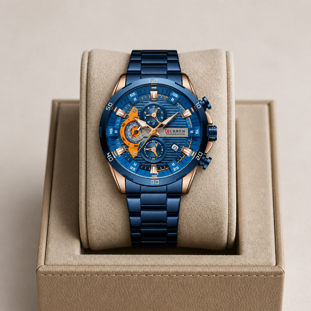 Montre homme chronographe bleu profond posée dans son écrin en cuir beige