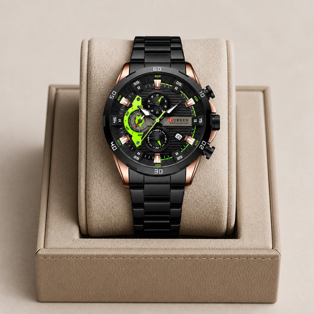 Montre homme chronographe noire et or rose posée dans son écrin en cuir beige