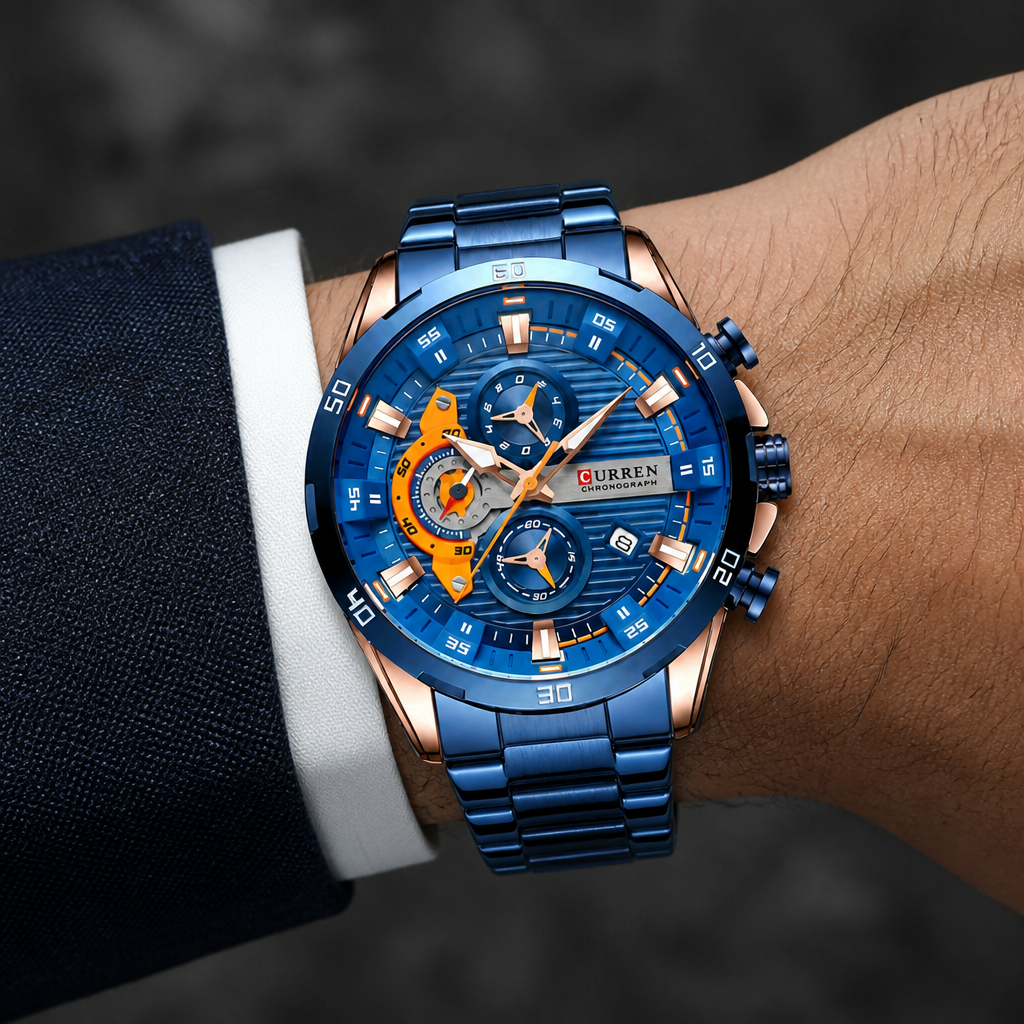 Montre homme chronographe acier bleu profond portée au poignet