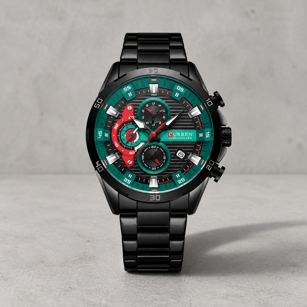Montre homme chronographe acier cadran vert course sur dalle de béton