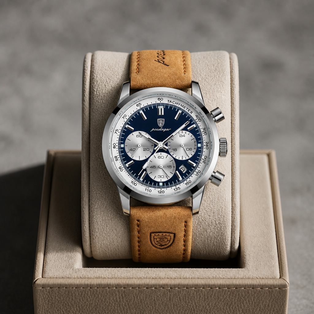 Montre chronographe cuir marron à cadran bleu dans son écrin en cuir beige