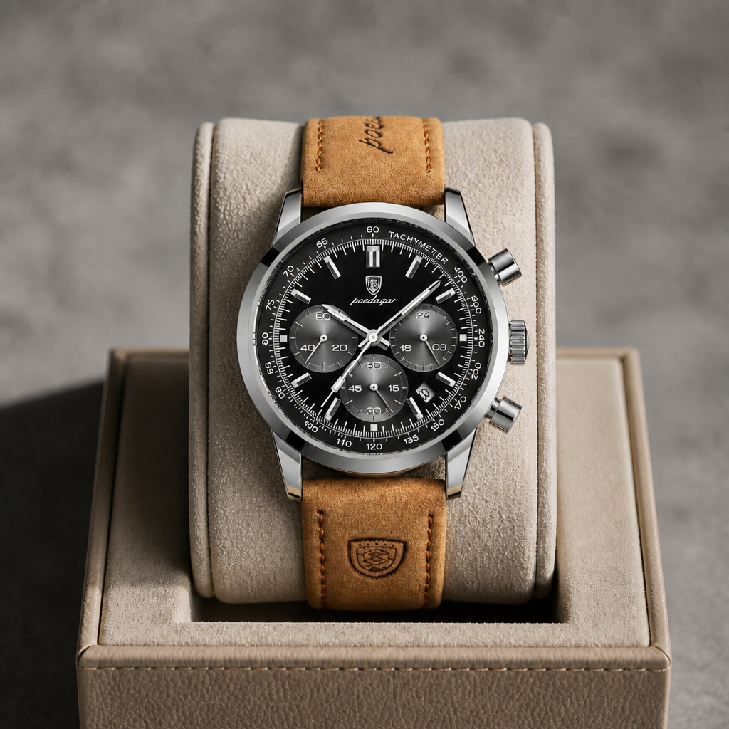 Montre chronographe cuir marron à cadran noir dans son écrin en cuir beige