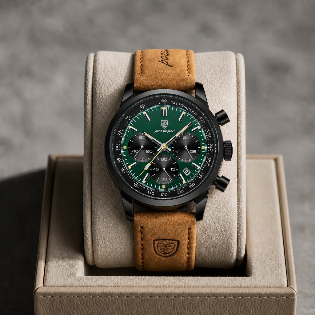 Montre chronographe cuir marron à cadran vert dans son écrin en cuir beige