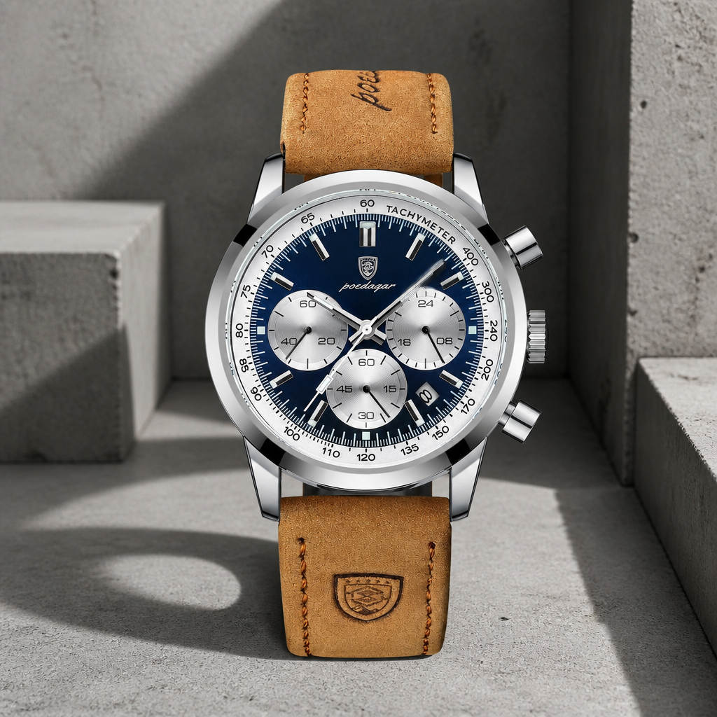 Montre homme cuir marron chronographe, cadran bleu et compteurs argentés
