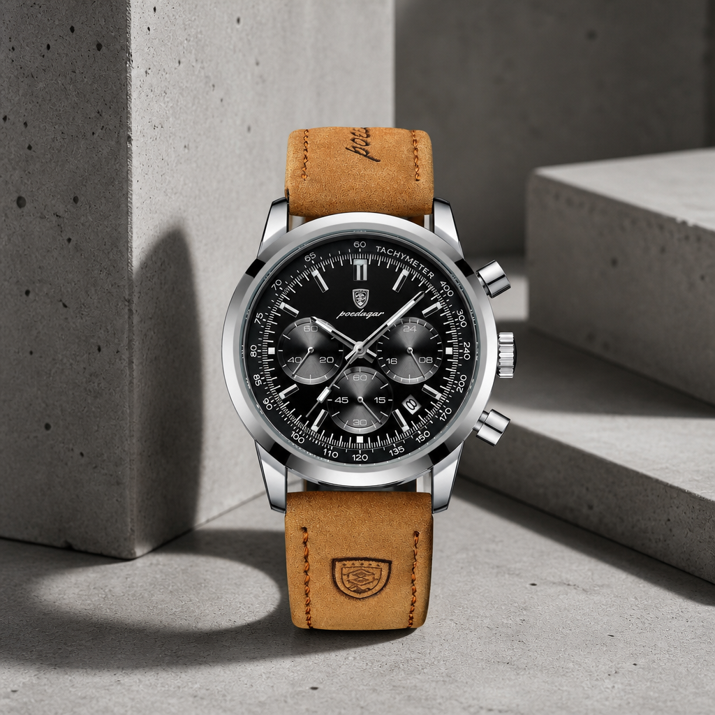 Montre homme cuir marron chronographe, cadran noir et boîtier acier
