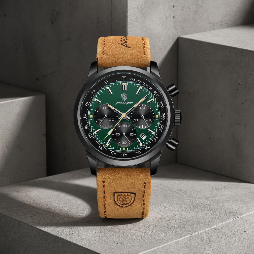 Montre homme cuir marron chronographe, cadran vert et boîtier noir