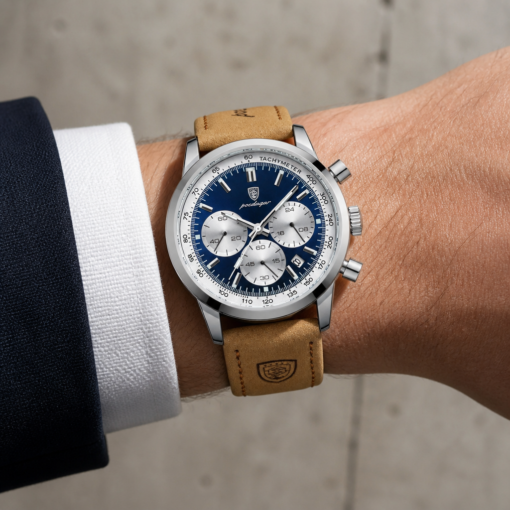 Montre chronographe cuir marron à cadran bleu portée au poignet sous une manchette de chemise