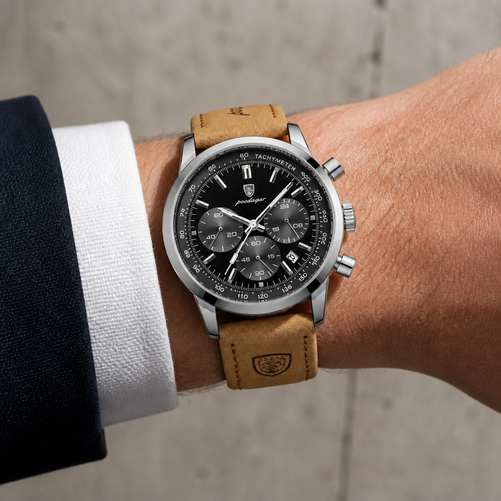 Montre chronographe cuir marron à cadran noir portée au poignet