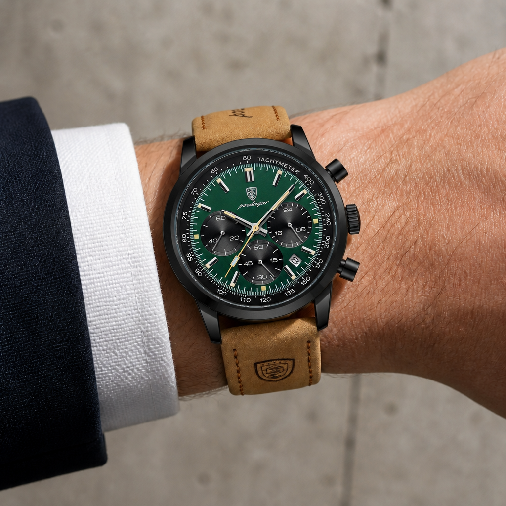 Montre chronographe cuir marron à cadran vert portée au poignet