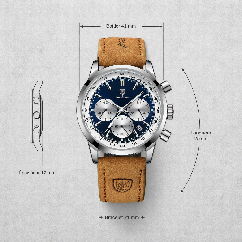 Plan de cotes de la montre : boîtier, épaisseur, largeur et longueur du bracelet