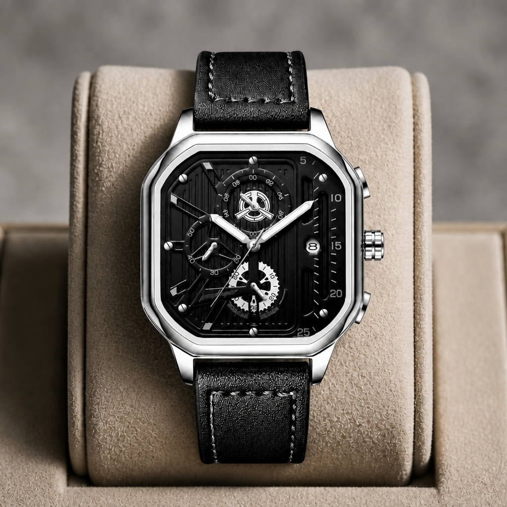 Montre carrée homme acier argent à bracelet cuir noir présentée dans son écrin en cuir beige