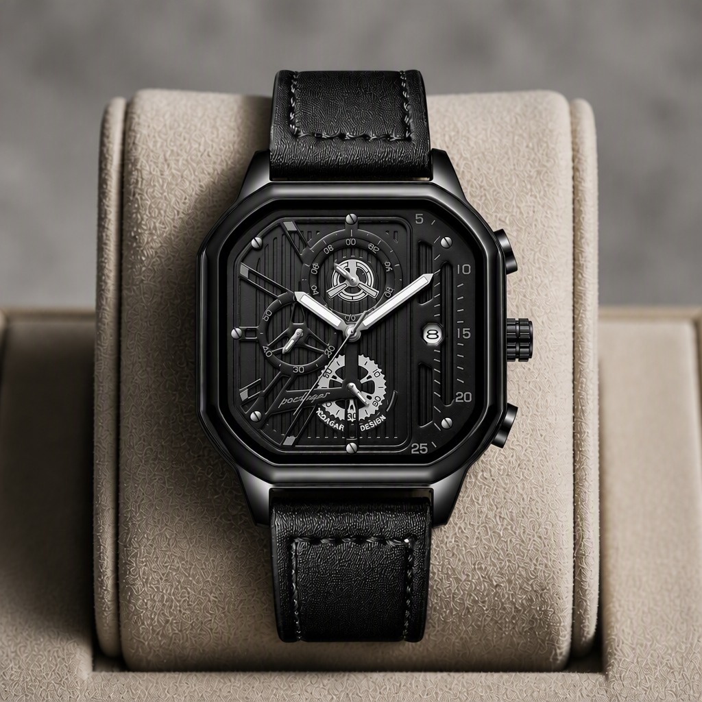 Montre carrée homme noire à bracelet cuir présentée dans son écrin en cuir beige