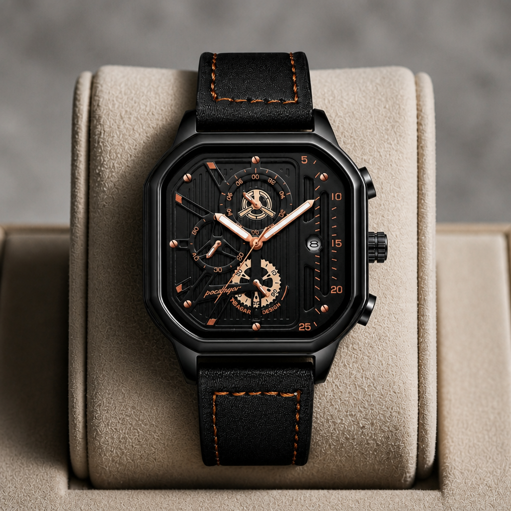 Montre carrée homme cuir noir et boîtier noir présentée dans son écrin en cuir beige