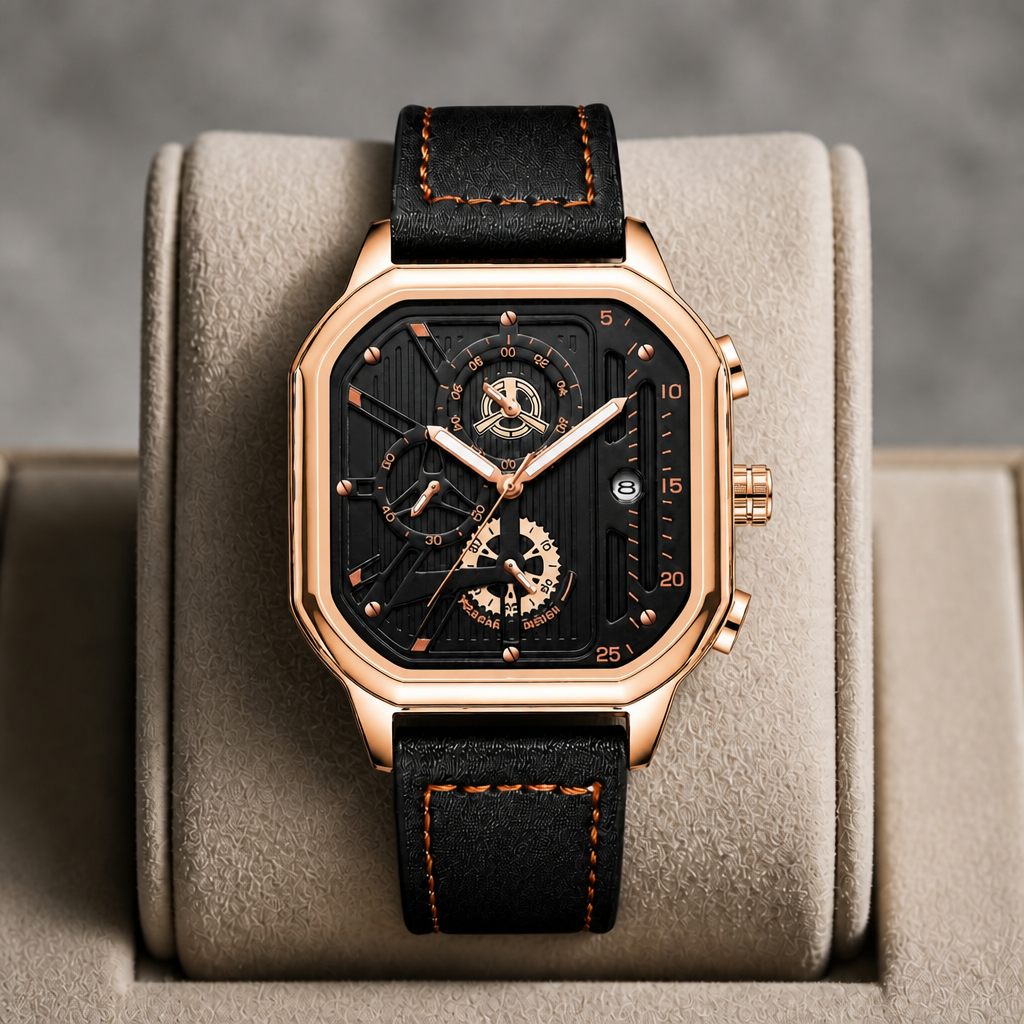Montre carrée homme or rose à bracelet cuir noir présentée dans son écrin en cuir beige