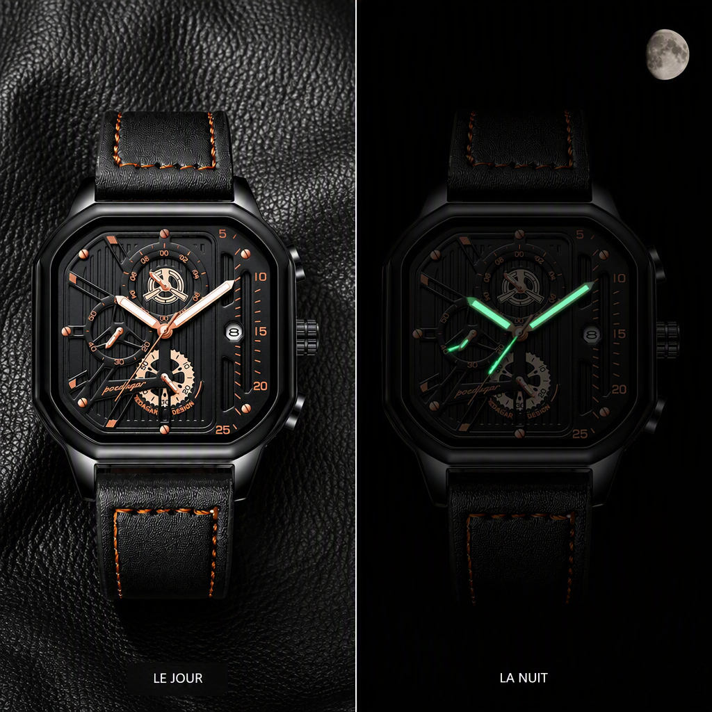Montre homme cuir noir de jour et de nuit, aiguilles luminescentes vertes dans le noir