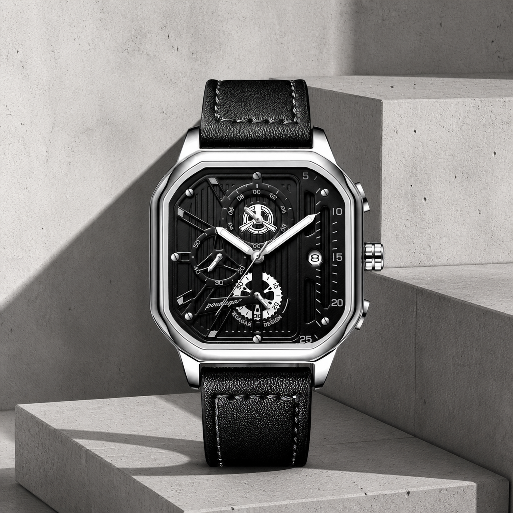 Montre carrée homme au boîtier acier argent et bracelet cuir noir posée sur du béton