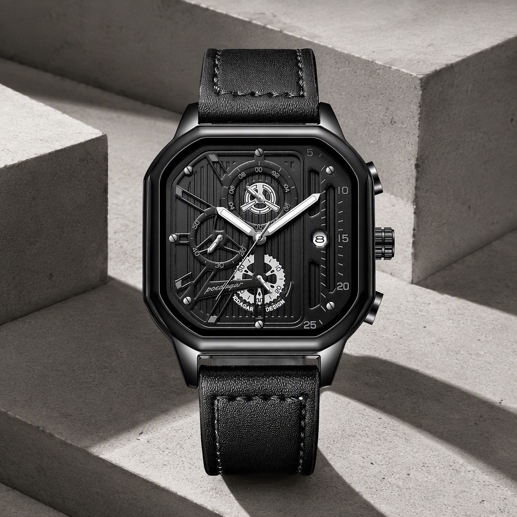 Montre carrée homme bracelet cuir noir et boîtier noir posée sur du béton