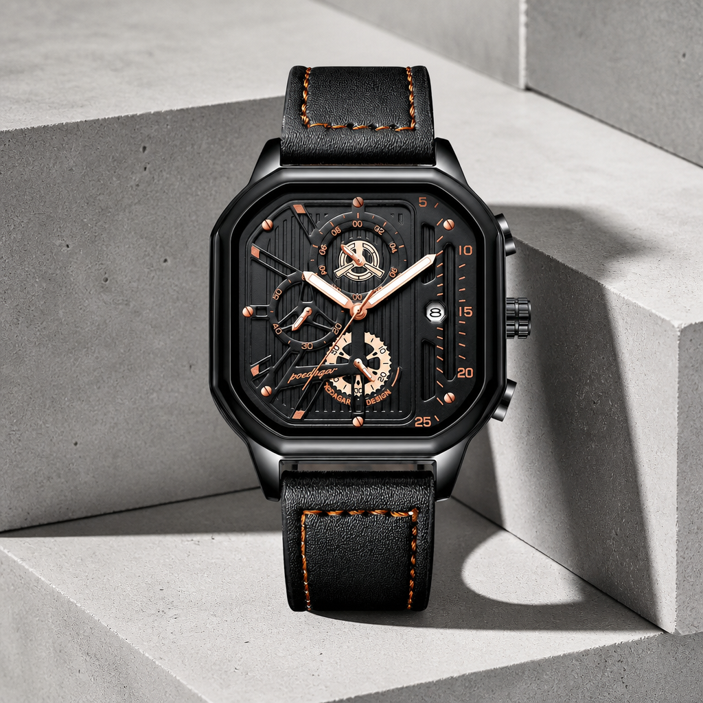 Montre carrée homme bracelet cuir noir, boîtier noir et index or rose, posée sur du béton