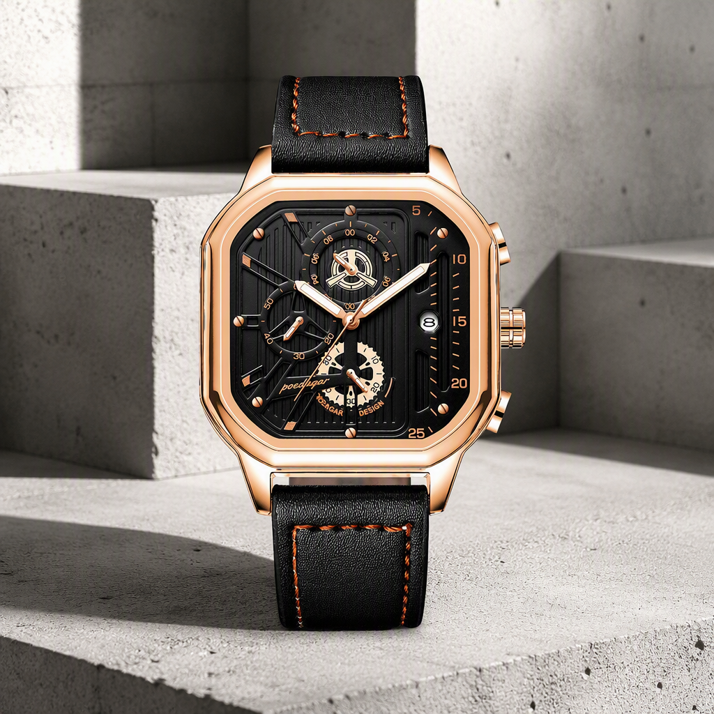 Montre carrée homme au boîtier or rose et bracelet cuir noir posée sur du béton