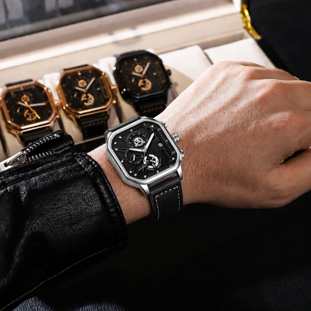 Montre homme cuir noir carrée au boîtier acier argent, portée au poignet