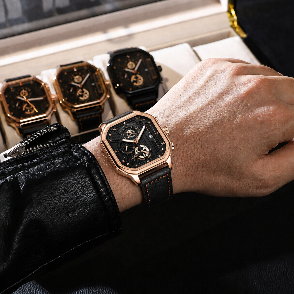 Montre homme cuir noir carrée au boîtier or rose, portée au poignet