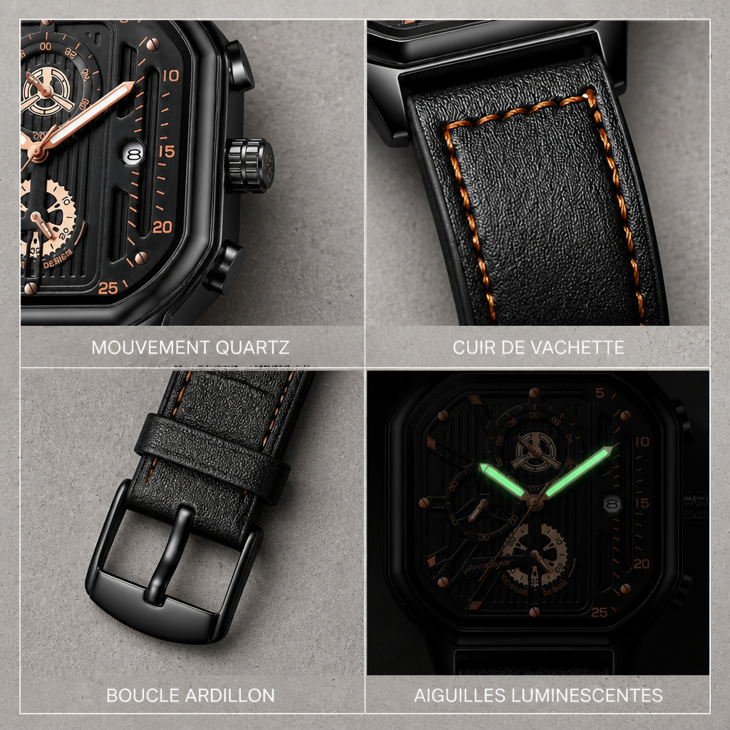Détails de la montre homme cuir noir : mouvement quartz, cuir de vachette, boucle ardillon et aiguilles luminescentes