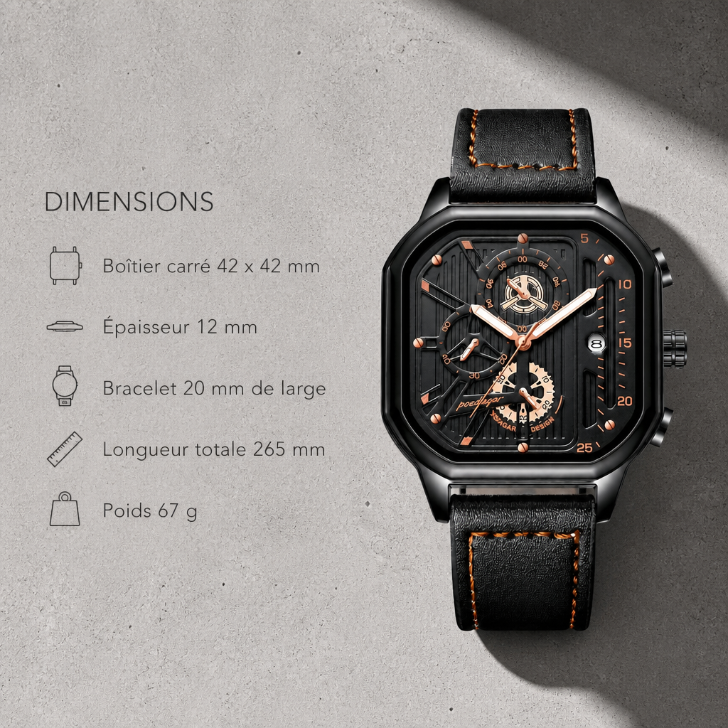 Dimensions de la montre homme cuir noir : boîtier, épaisseur, largeur de bracelet, longueur et poids