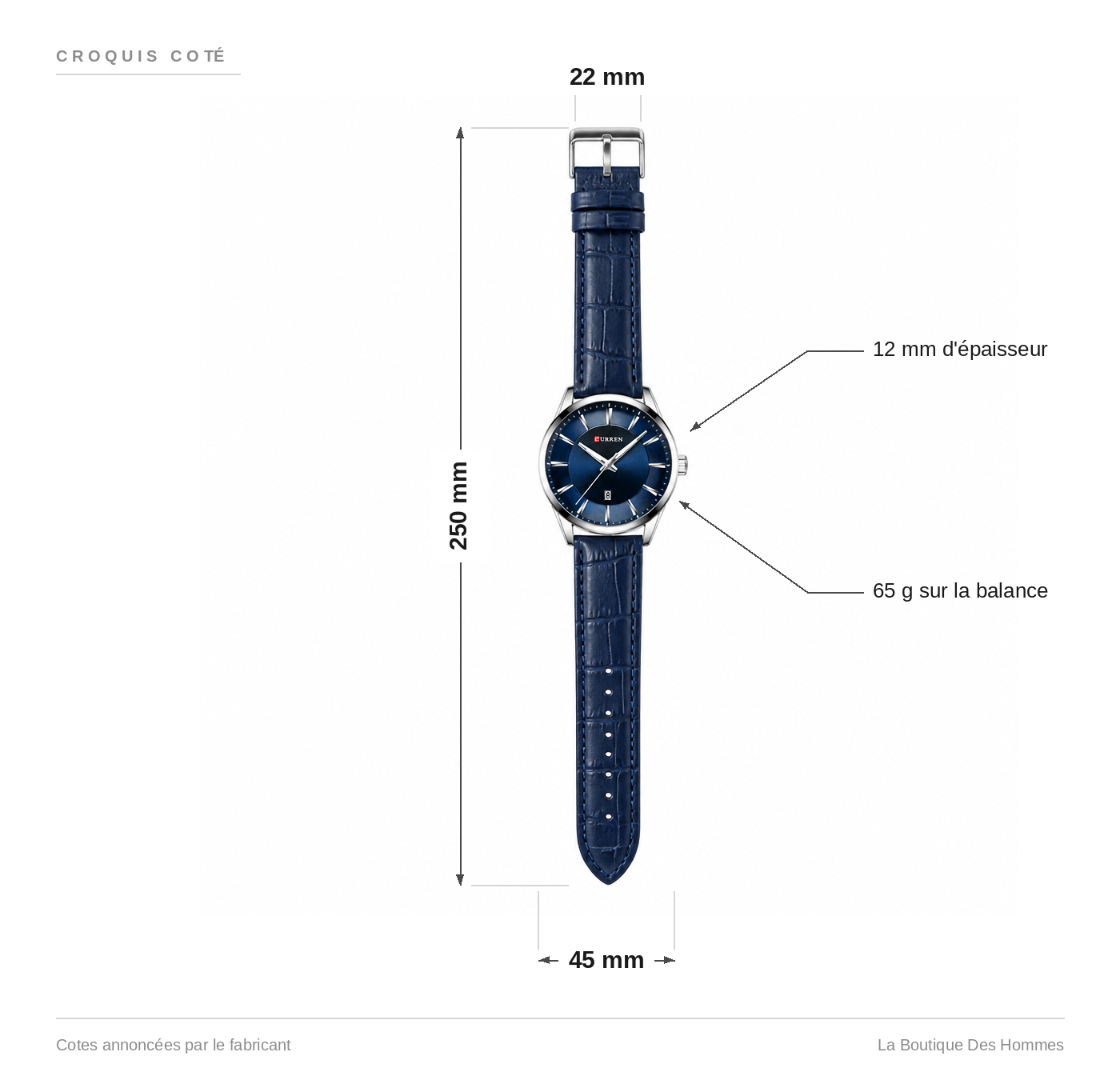 Croquis coté de la montre homme design : diamètre du boîtier, épaisseur, largeur de bracelet et longueur totale