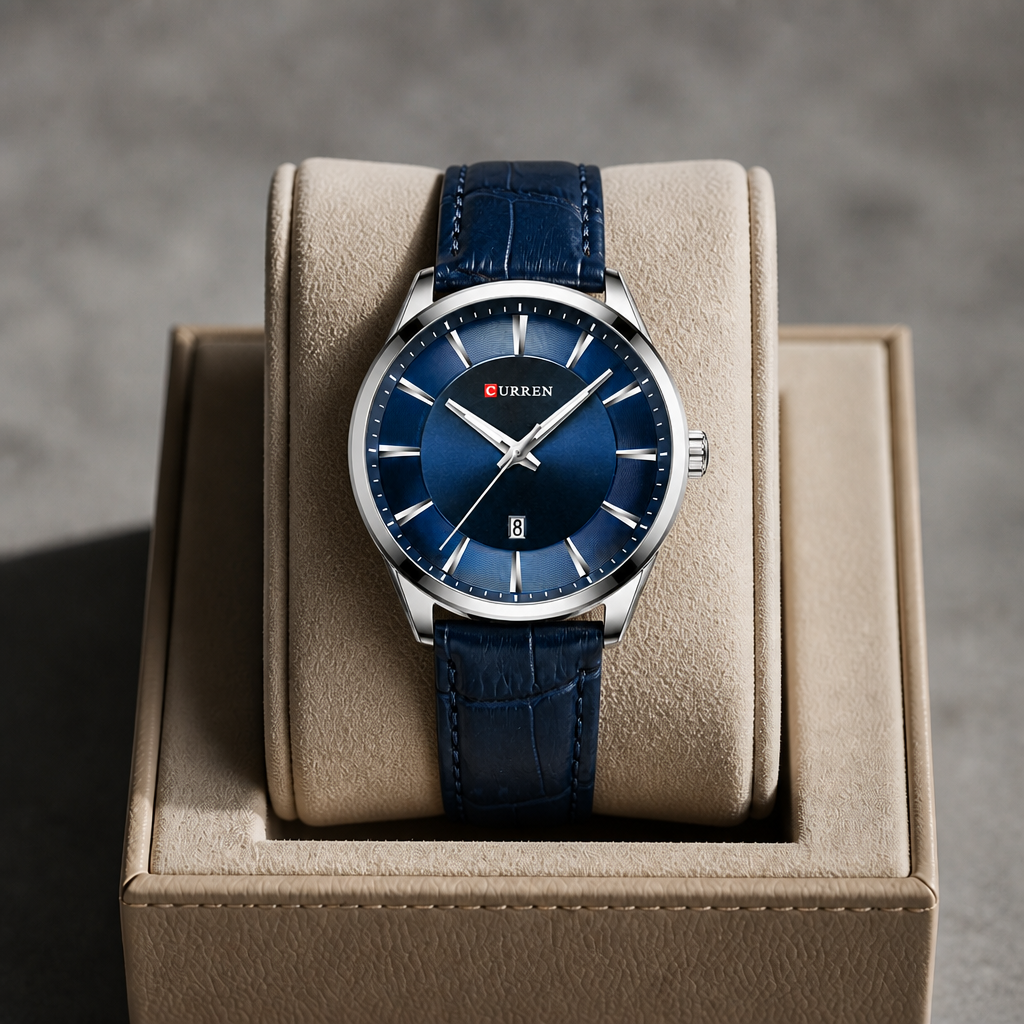 Montre homme design argent à cadran bleu dans son écrin en cuir beige