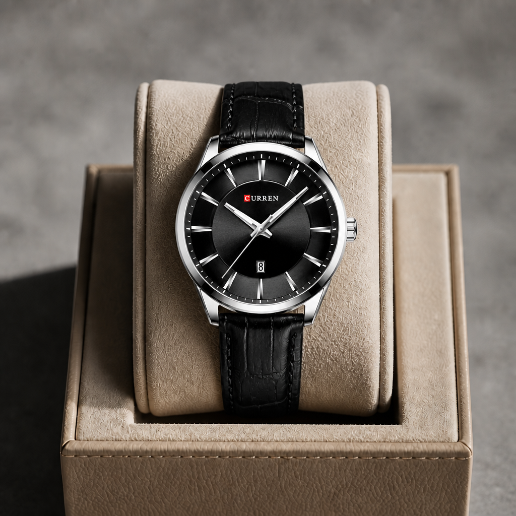 Montre homme design argent à cadran noir dans son écrin en cuir beige