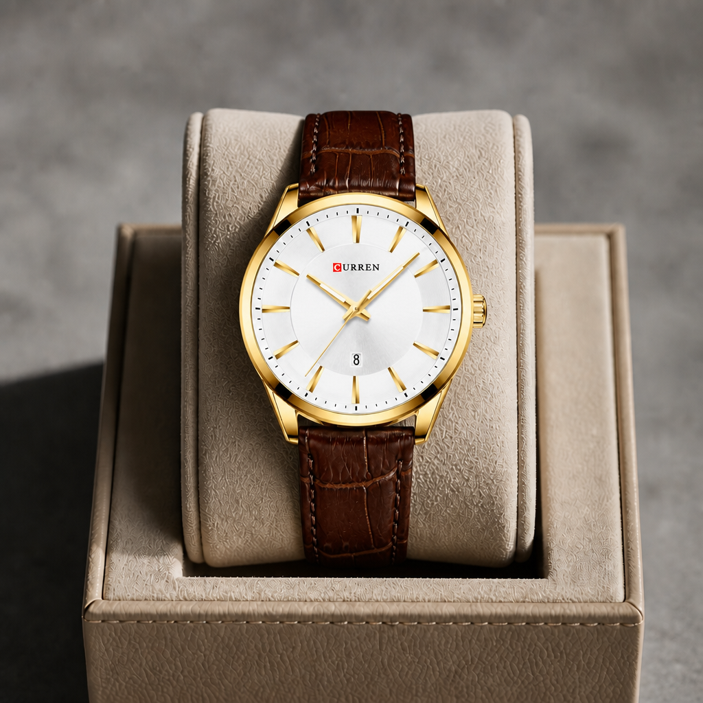 Montre homme design dorée à cadran blanc et bracelet marron dans son écrin en cuir beige