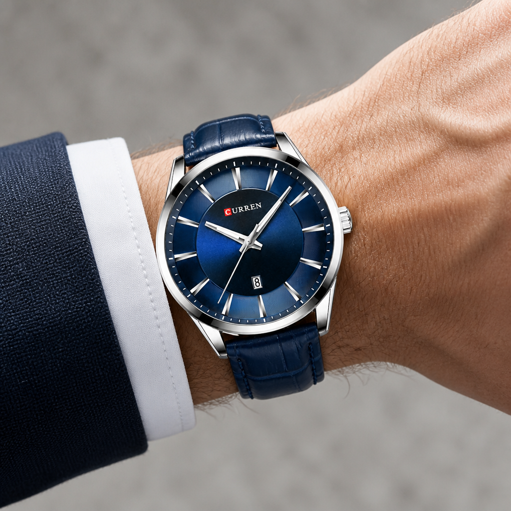Montre homme design argent à cadran bleu portée au poignet sous une manchette de chemise