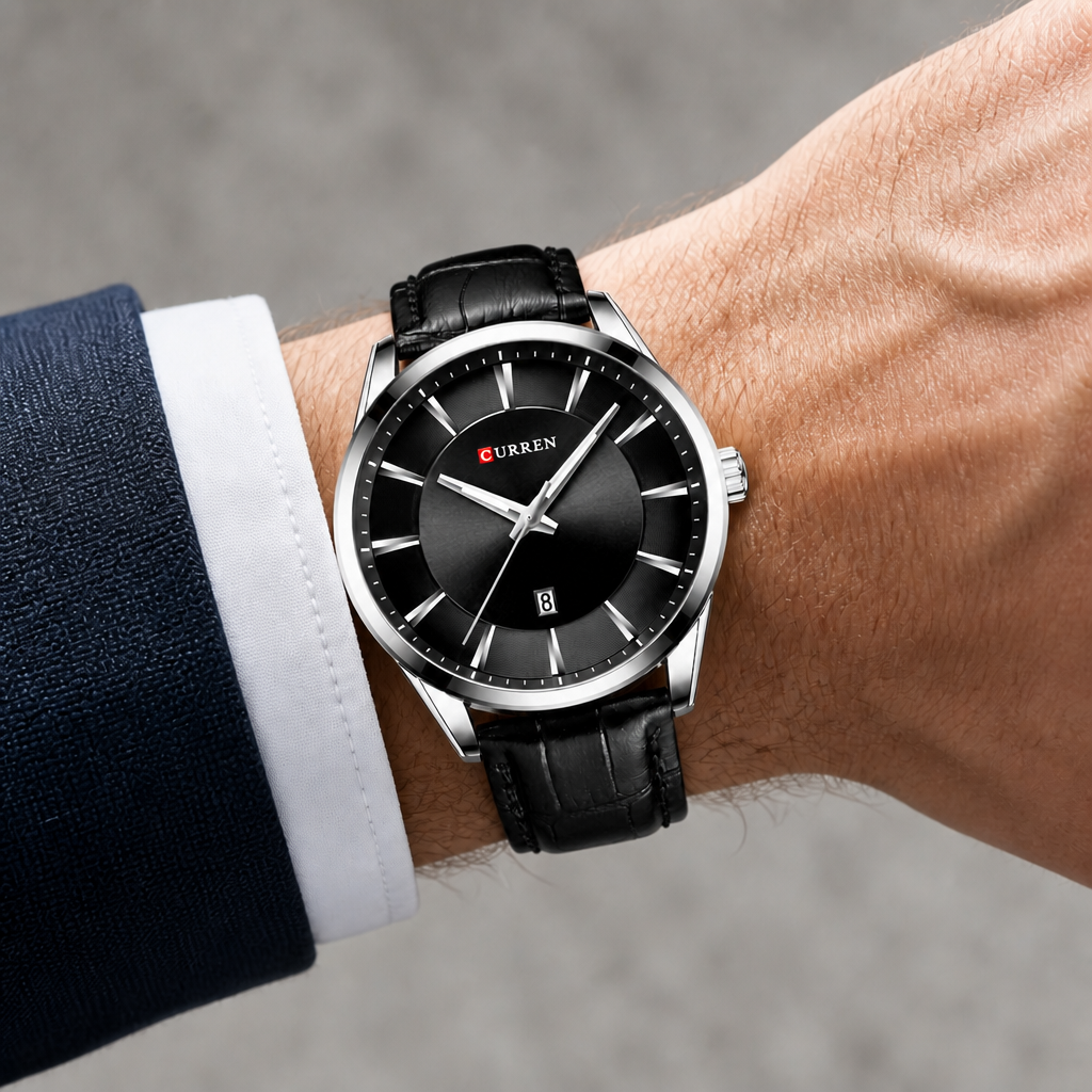 Montre homme design argent à cadran noir portée au poignet