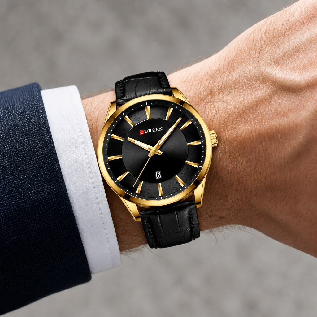 Montre homme design dorée à cadran noir portée au poignet