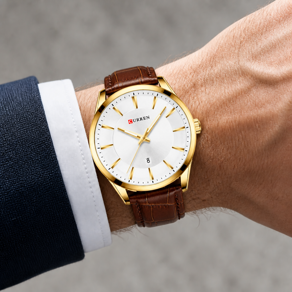Montre homme design dorée à cadran blanc et bracelet marron portée au poignet