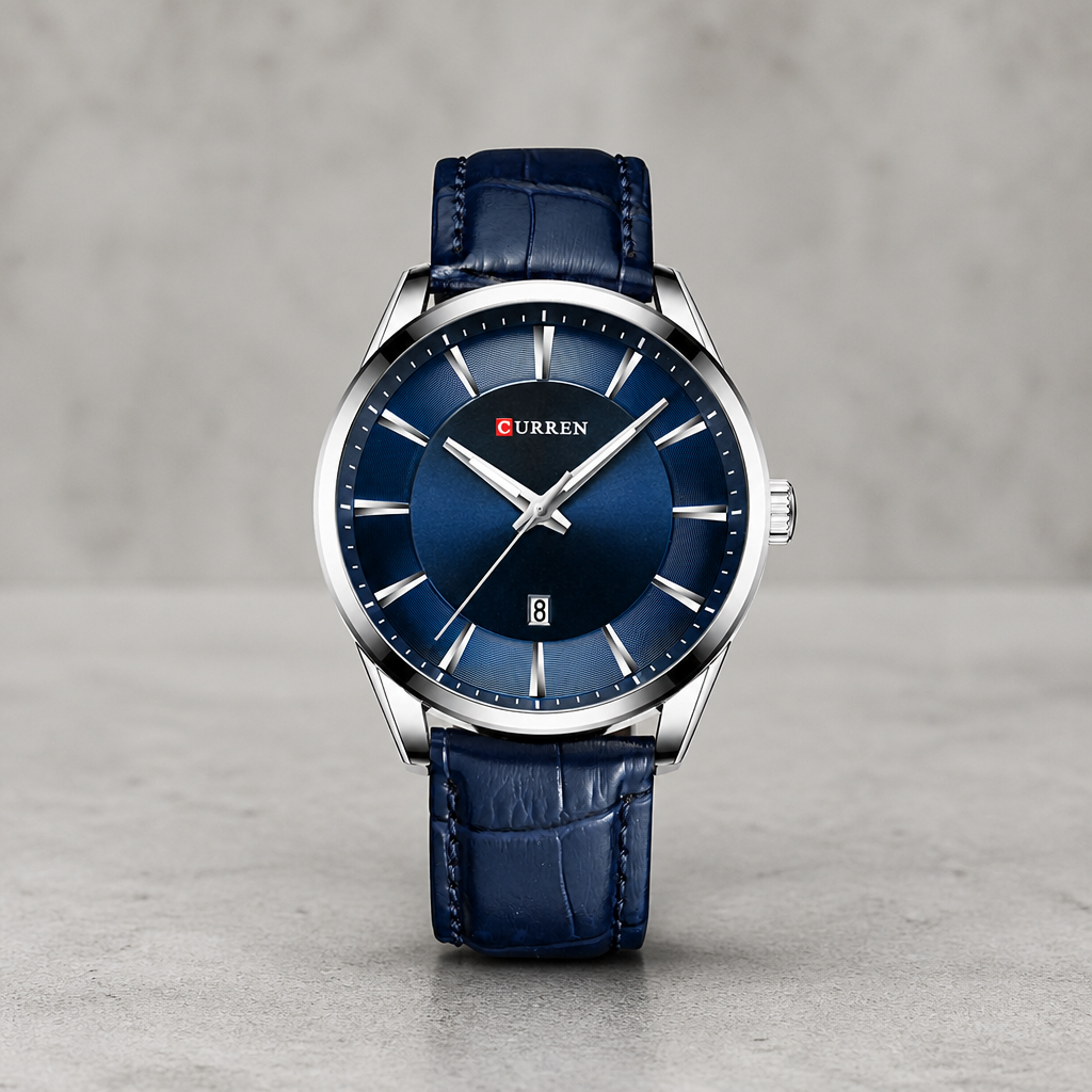 Montre homme design argent à cadran bleu, boîtier rond posé sur du béton clair