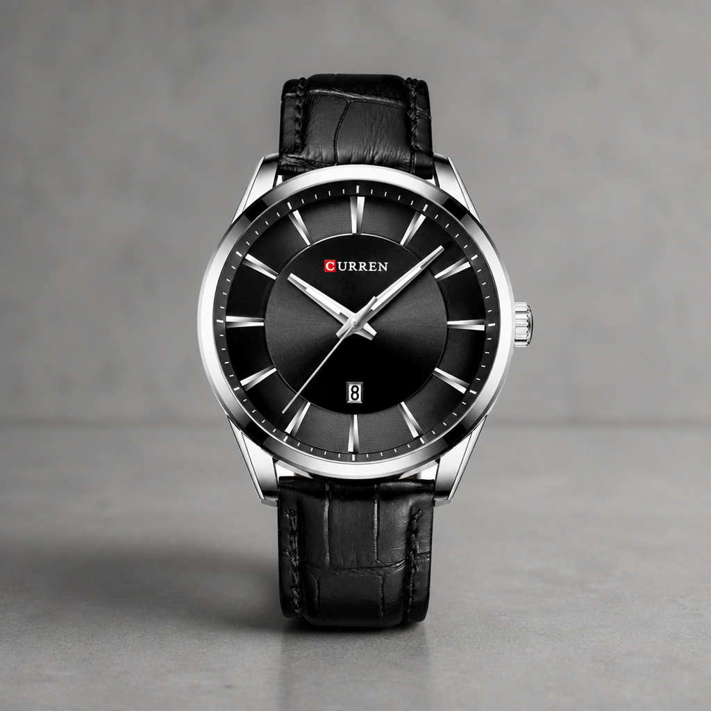Montre homme design argent à cadran noir posée sur du béton clair