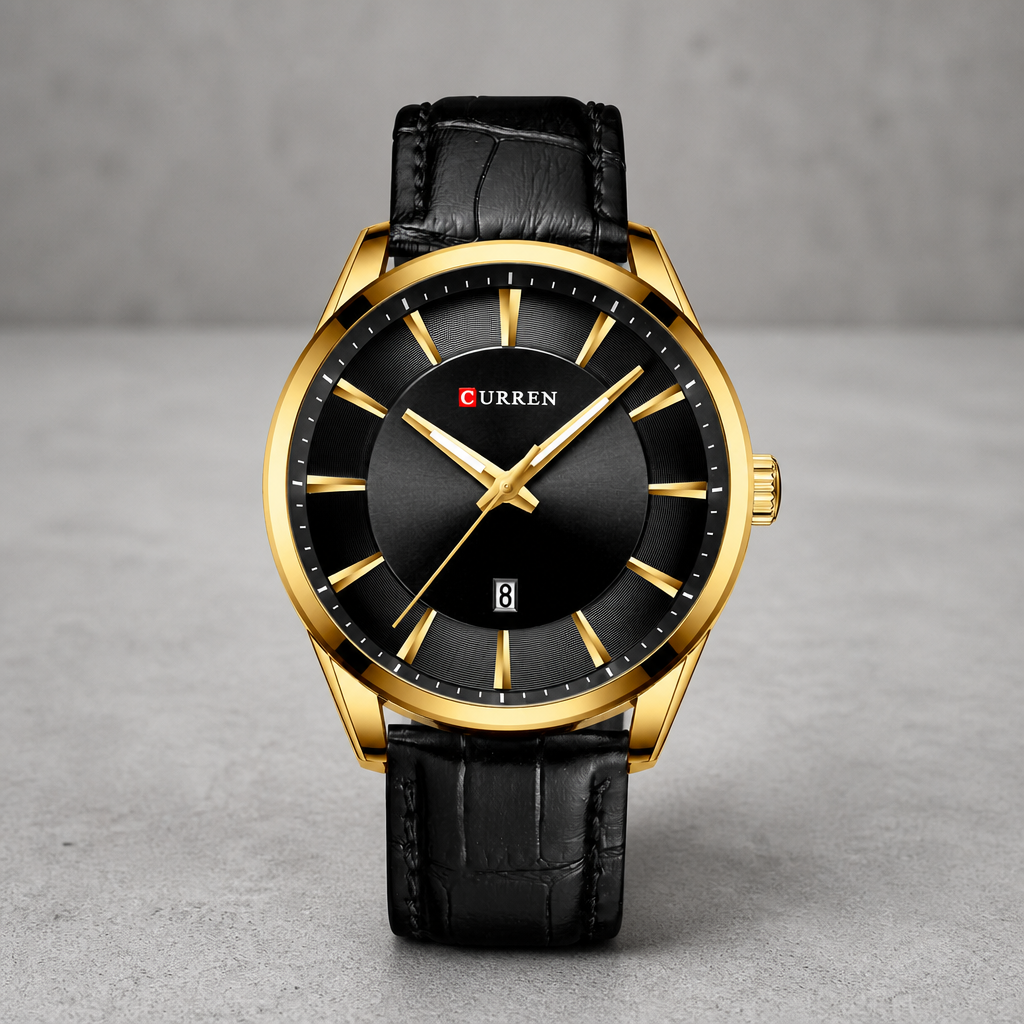 Montre homme design dorée à cadran noir posée sur du béton clair