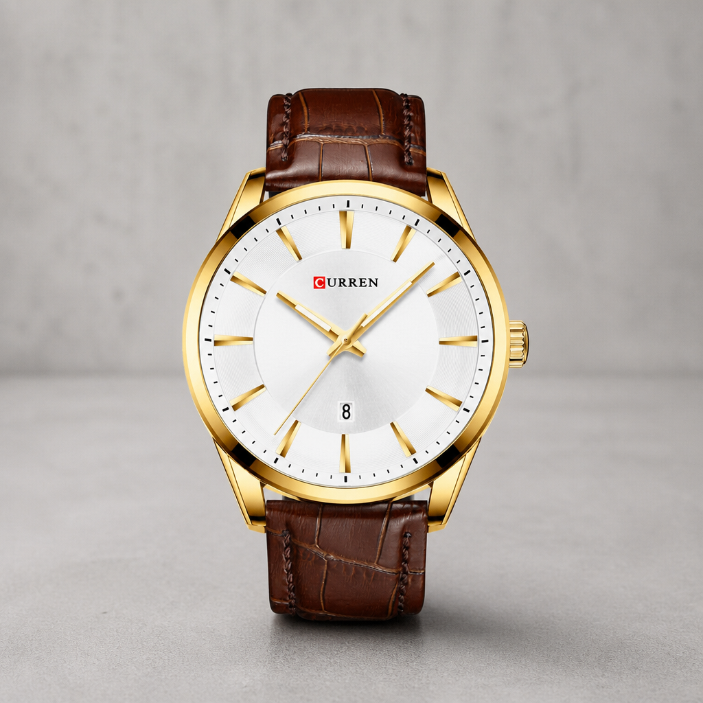 Montre homme design dorée à cadran blanc et bracelet marron posée sur du béton clair
