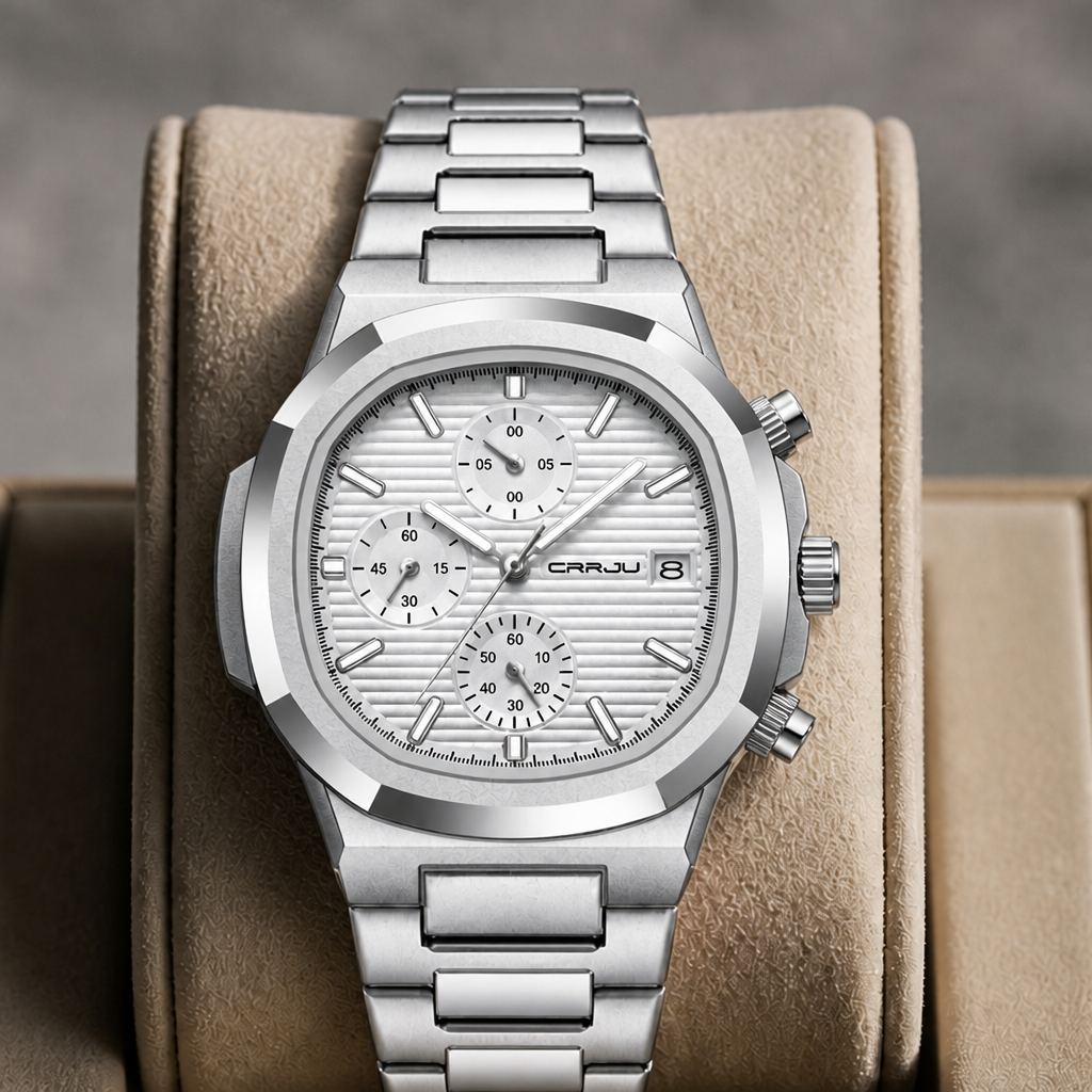 Montre homme métal à cadran blanc posée dans un écrin en cuir beige