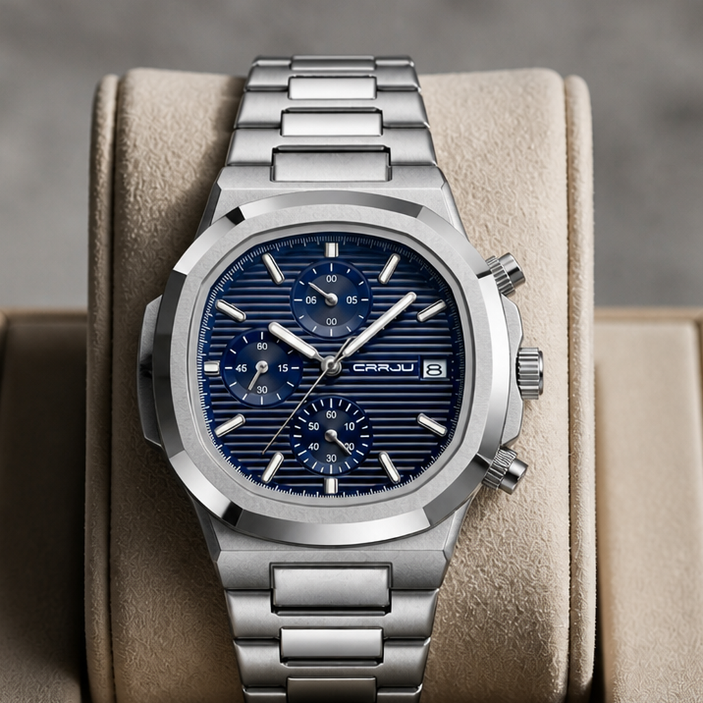 Montre homme métal à cadran bleu posée dans un écrin en cuir beige