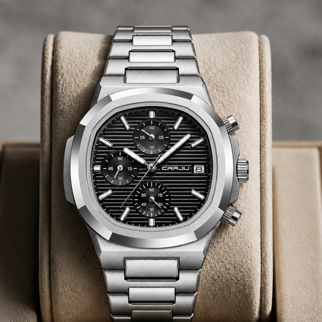 Montre homme métal à cadran noir posée dans un écrin en cuir beige