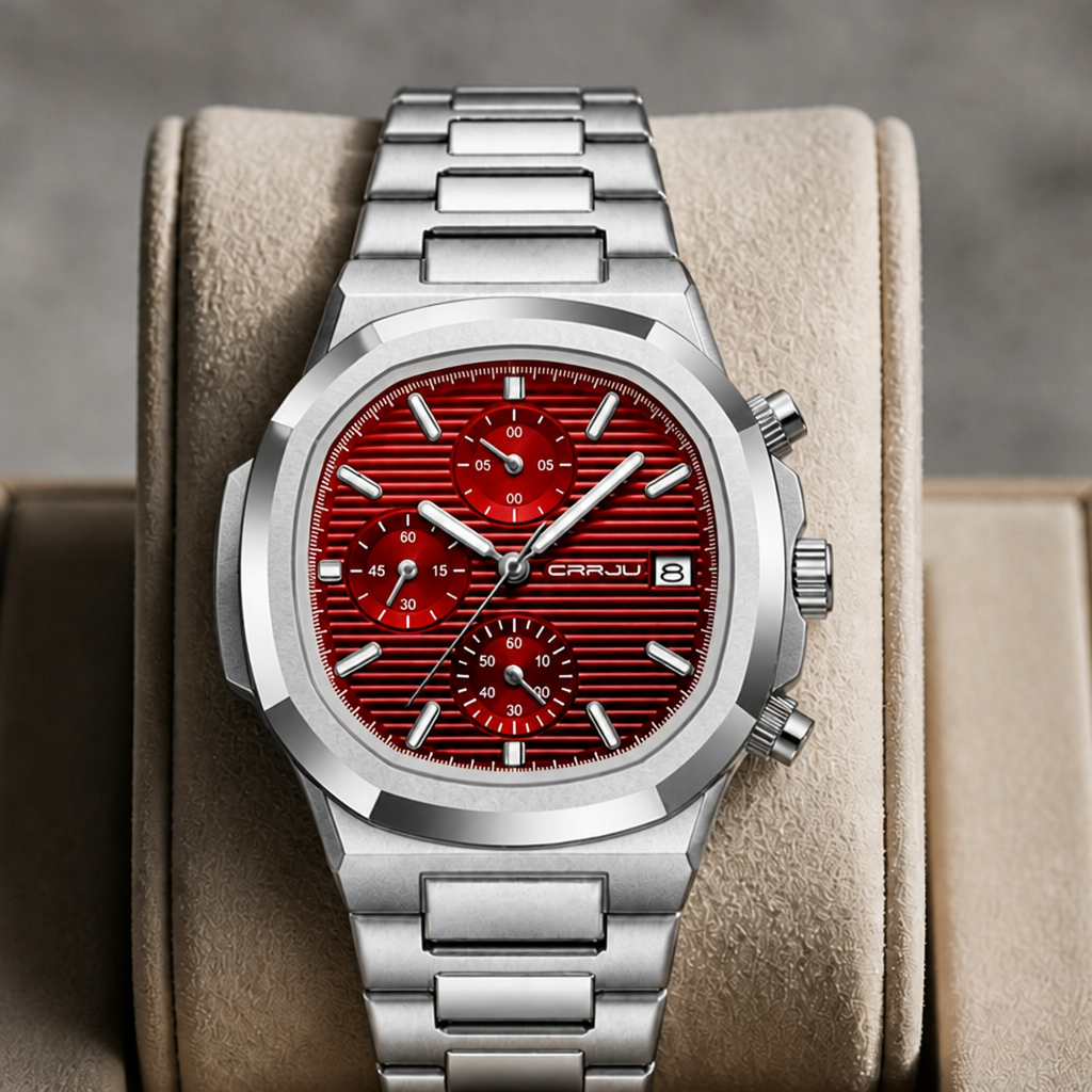 Montre homme métal à cadran rouge posée dans un écrin en cuir beige
