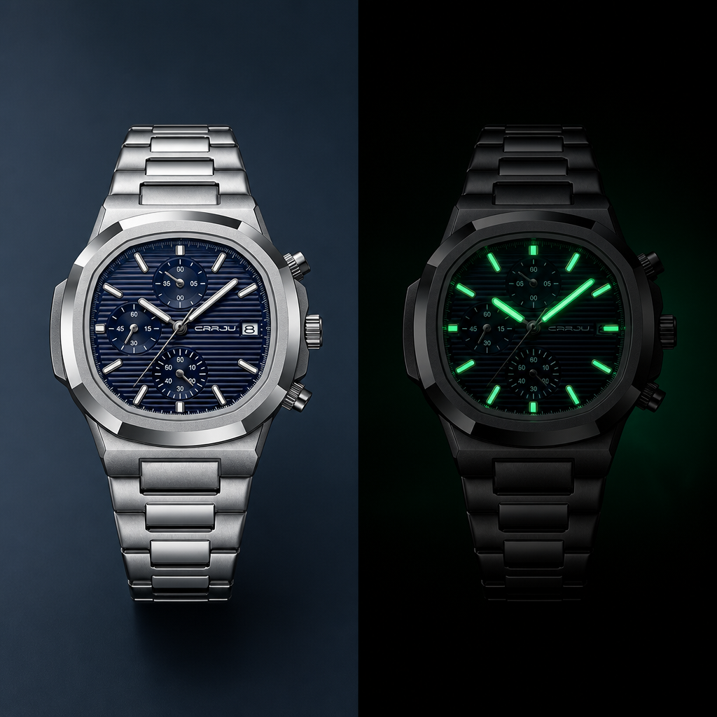Montre homme métal de jour et de nuit, index et aiguilles luminescents verts