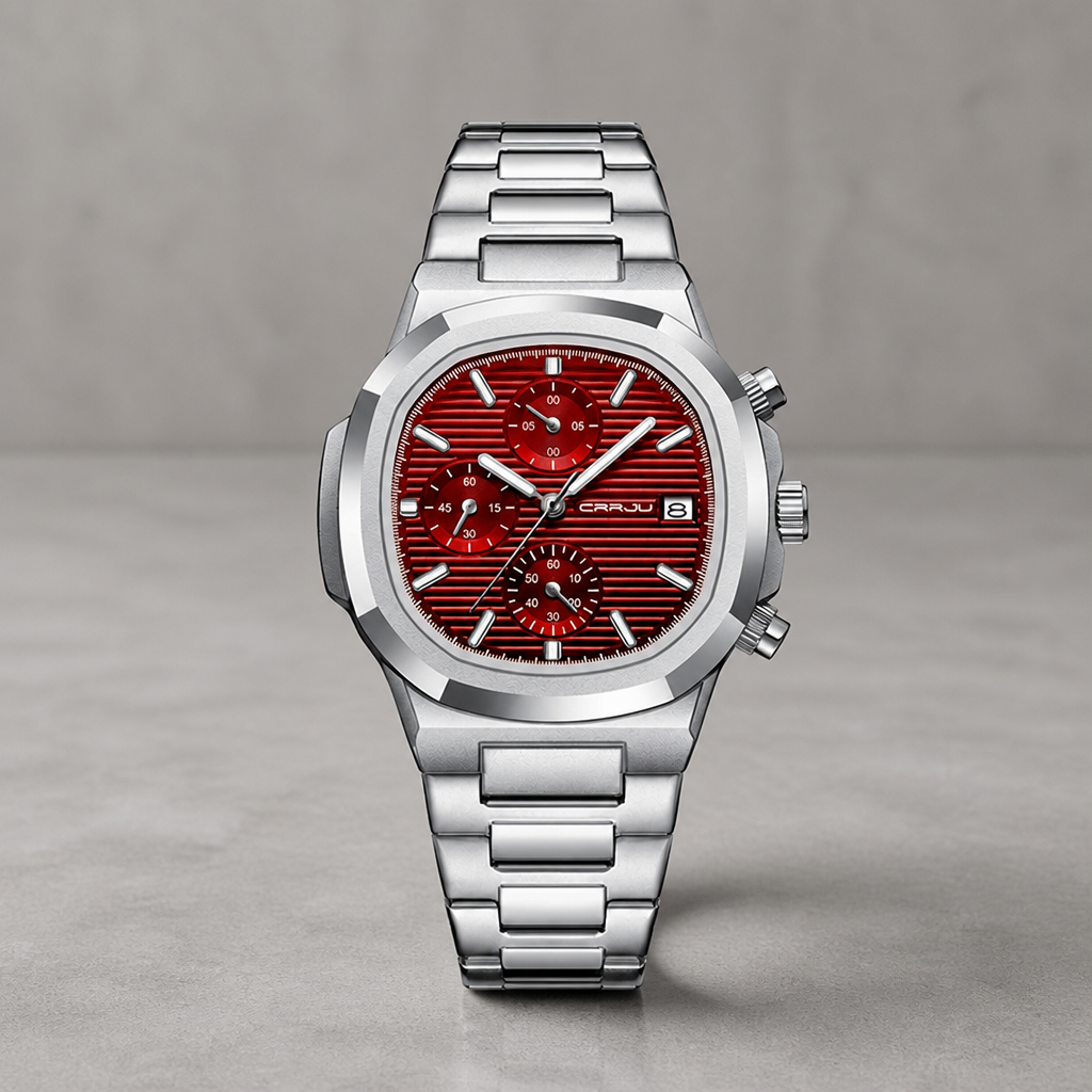Montre homme métal chronographe à cadran rouge rayé sur béton clair