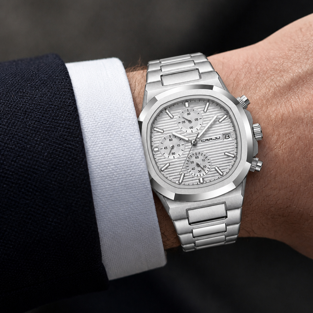 Montre homme métal chronographe portée au poignet, cadran blanc et bracelet acier