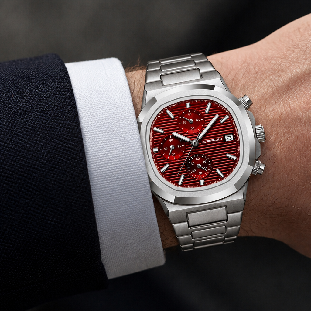 Montre homme métal chronographe portée au poignet, cadran rouge et bracelet acier