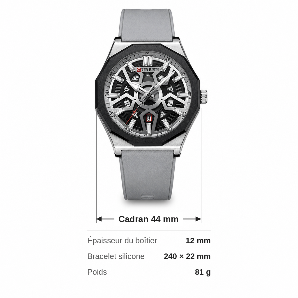 Planche de cotes de la montre : cadran 44 mm, boîtier 12 mm, bracelet 240 par 22 mm, 81 g